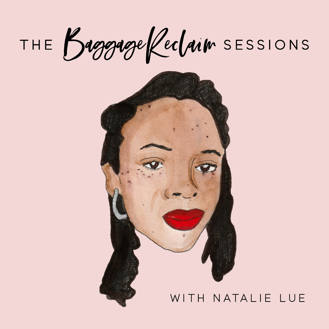 Natalie Lue watercolour self-portrait on The Baggage Reclaim Sessions podcast artwork